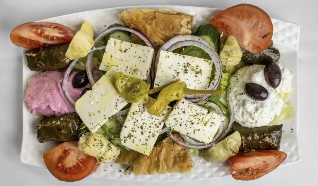 Pikilia for Two: feta, tzatziki, taramosalata, dolmades and spanakopita