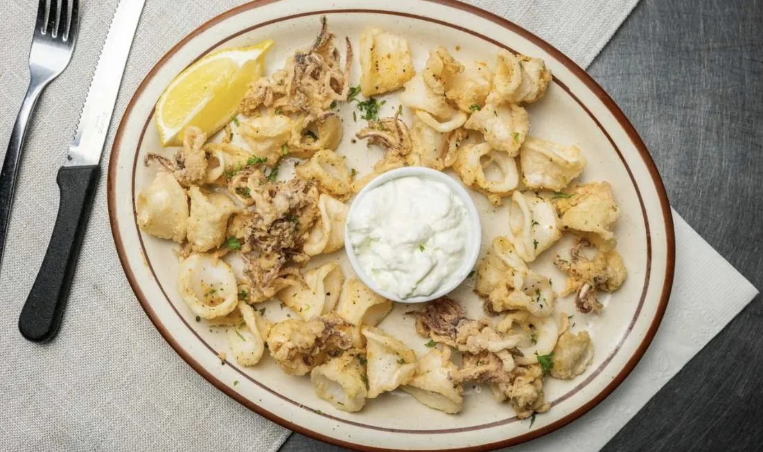 Calamari, served with tzatziki and lemon